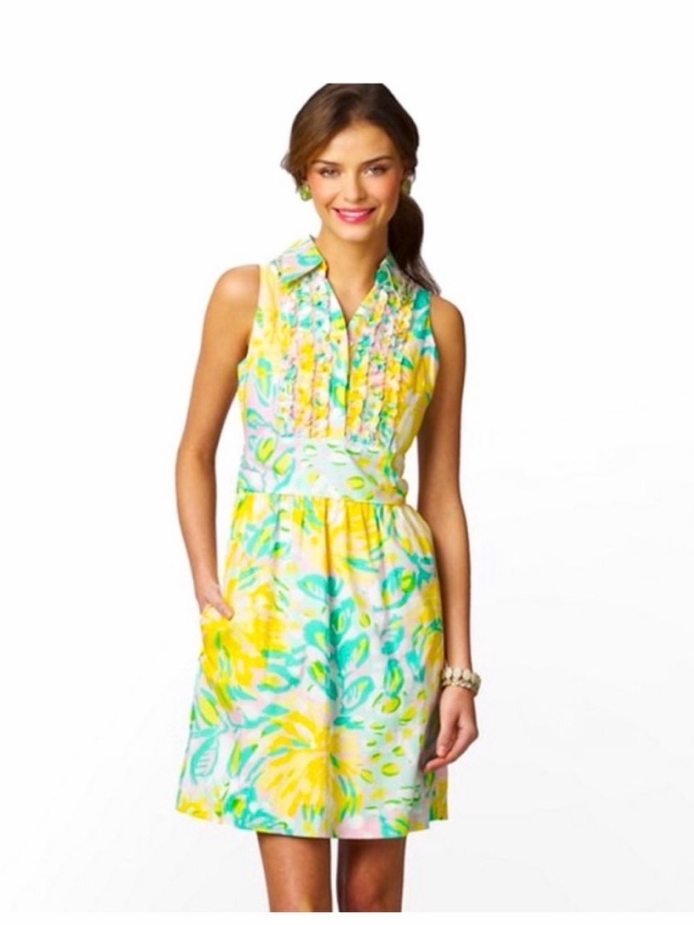 Lilly Pulitzer Essie Floral Cotton Shirt Dress Sleeveless Pockets Dopamine Sz 12